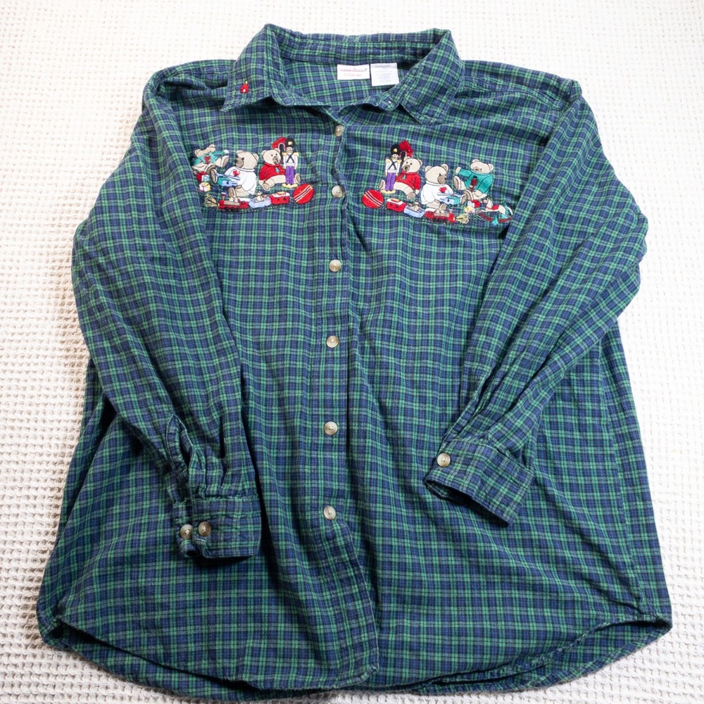 Bobbie Brooks Woman Green Plaid Flannel Shirt Teddy Bear Embroidered 18W/20W